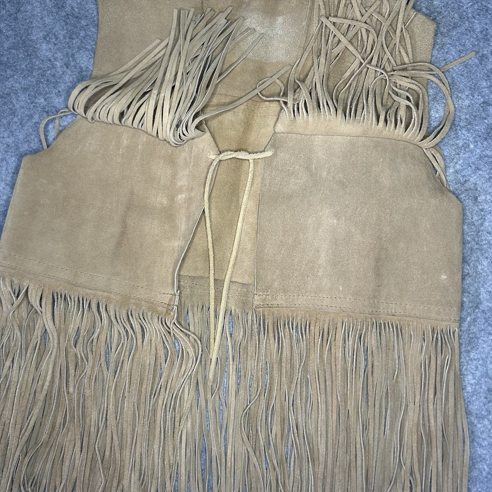 Vtg 70s Women's S Cropped Beige Suede Leather Fringe Vest Handmade - Picture 9 of 13